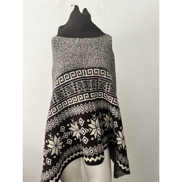 Peruvian Brown Aztec Cape Large Native Wool Blend Fitted Turtleneck Poncho - Picture 8 of 9
